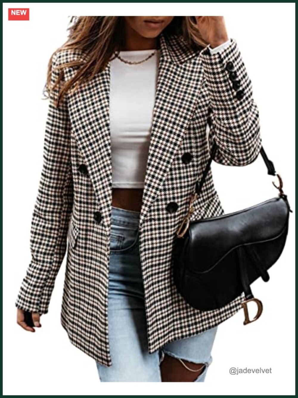 Elegant Plaid Check Blazer Double Breasted Slim Fit Suit Jacket